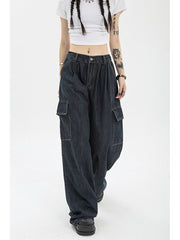 Y2K Wide Leg Cargo Jeans Women Baggy Blue Oversized Hip Hop Vintage Streetwear Casual Fashion