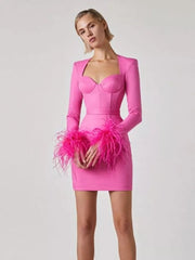Mini Dress Women Long Sleeve Feather Hot Pink Black Bodycon Bandage Elegant Evening Party Wedding Guest