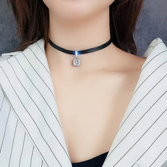 Choker Necklace Women Glitter Shiny Cubic Zirconia Black Leather Short Pendant Aesthetic Jewelry Gift