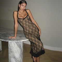 Midi Dress Women Black Lace Slip Spaghetti Strap Frill Bodycon Night Club Party Dress