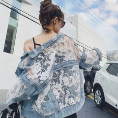 Denim Jacket Women Embroidered Lace Patchwork Frayed Tassel Loose Blue Jean Casual Outerwear