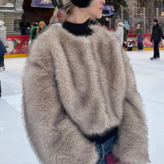 Fluffy Faux Fur Coat raccoon grey