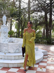 Maxi Dress Women Elegant Green Tassel Irregular Print V-Neck Long Sleeve Spaghetti Strap Boutique