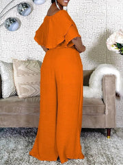 Plus Size Pant Set Women 2-Piece Off-Shoulder Crop Top Wide Leg Pants Elegant Party Casual Fashion