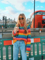 Turtleneck Sweater Women Long Sleeve Rainbow Stripe Knitted Pullover Jumper Warm Casual Fashion Top