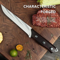 Knife on a wooden cutting board with ingredients and text about knife characteristics.
