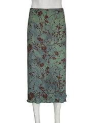 Floral Midi Skirt Women Y2K Vintage Green Grunge Print Casual Spring Summer Fashion Skirt
