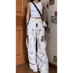 Cargo Jeans Women White Y2K Vintage High Waist Wide Leg Tie Dye Baggy Denim Trousers 2000s Style