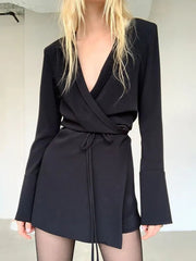 Shirt Dress Women Black Satin V-Neck Flare Sleeve Lace-Up Elegant Mini Party Spring Fall Fashion