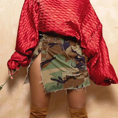 Camouflage Mini Skirt Women Y2K Print Side Slit Streetwear Casual Fashion Dress Skirt
