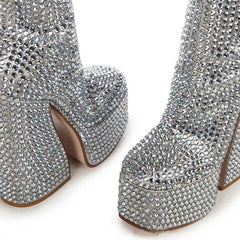 Ankle Boots Women Square Toe Platform Rhinestone Glitter Super High Heel Diamond Crystal Vintage Chic