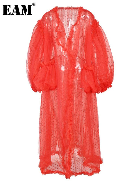 Mesh Dressing Gown Women Red Dot Long Oversized V-Neck Long Sleeve Loose Fit Holiday Fashion