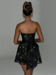 Elegant Strapless Sexy Mini Dress for Women Fashion Black Off-Shoulder Backless Pleated Sequins Sparkle Club Party Dress