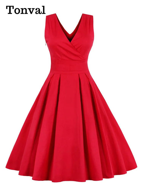 Midi Dress Women Red Pleated Solid Vintage Wrap V-Neck Belted Elegant Retro Party Spring Summer