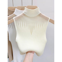 Turtleneck Mesh Knit Top Women Sleeveless Pullover Casual Chic Everyday Fashion
