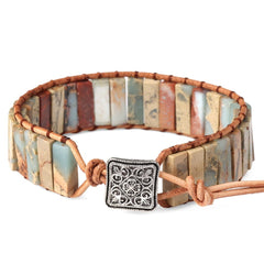 Natural Gemstone Bracelet Unisex Multicolor Leather Adjustable Meditation Yoga Jewelry Gift