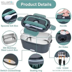 Stainless steel lunch box with labeled parts on a white background