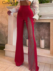One Shoulder Jumpsuit Women Mesh Patchwork Skinny Flare Pants Playsuit Streetwear Fashion