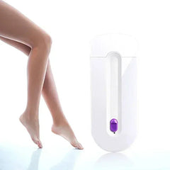 Hair removal device with a person's legs in the background on a white background