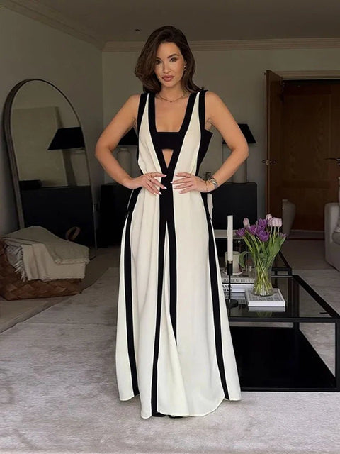 Maxi Dress Women Elegant Patchwork Loose Deep V-Neck Sleeveless Casual Summer Party Dress