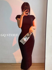 High Waist Slim Hip Maxi Dress Women Short Sleeve Round Neck Casual Elegant Fashion Dress