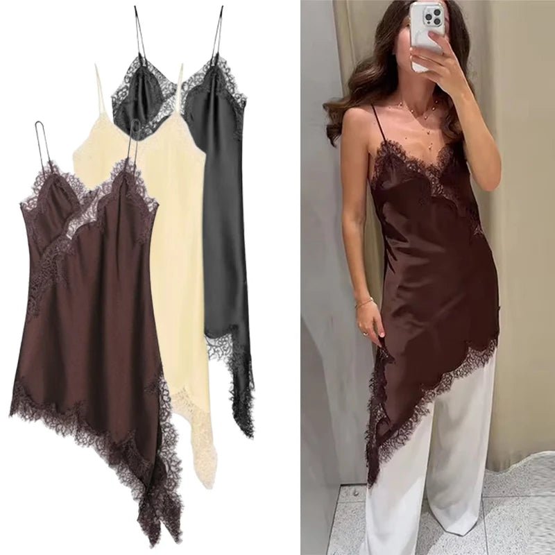 Set of lace-trimmed slip dresses in brown, beige, and black with a person wearing one in a mirror selfie.