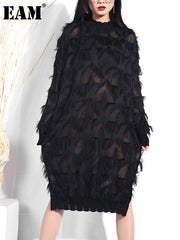 Long Sleeve Maxi Dress Women Stand-Up Collar Black Sheer Split Joint Plus Size Casual Fashion