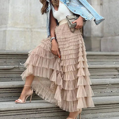 Maxi Skirt Women Elegant Elastic High Waist Multi-Layered Mesh Lace Loose Tiered Party Fashion Skirt