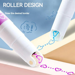 Roller design tool with colorful roller designs on paper