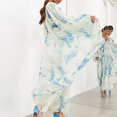 Maxi Dress Women Elegant Floral Print V-Neck Drawstring Elastic Waist Chiffon Long Sleeve Pleated Casual