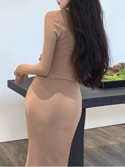 Bodycon Dress & Cardigan Set Women Elegant Strap 2-Piece Party Casual Chic Fashion Outfit