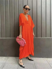 Kimono Maxi Dress Women Long Kaftan Chic V-Neck Casual Satin Pleated Elegant Fashion Dress