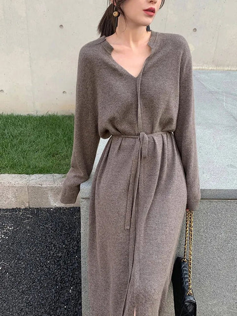 Knit Midi Dress Women Vintage V-Neck Bodycon Elegant Button Office Casual Fashion Dress