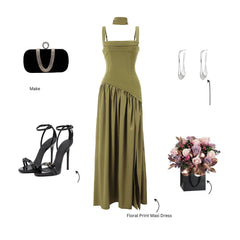 Olive green floral print maxi dress with black high-heeled sandals, black clutch, and floral arrangement on a white background.