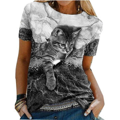 Cat Graphic Print T-Shirt Women 3D Animal Painting Round Neck Casual Everyday Fashion Tee