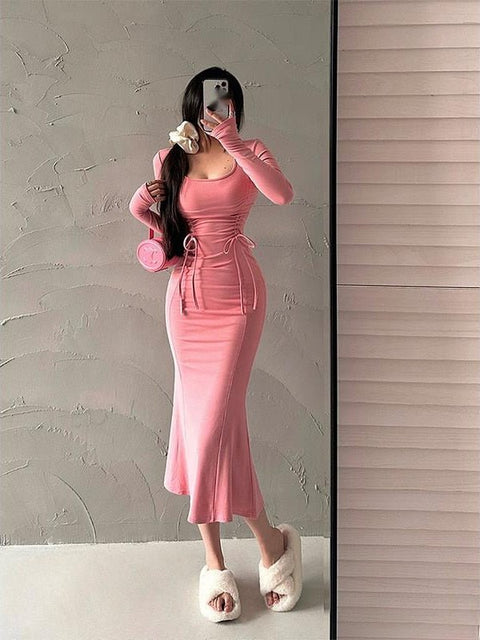 Drawstring Pleated Maxi Dress Women Long Casual Elegant Beach Party Fashion Dress