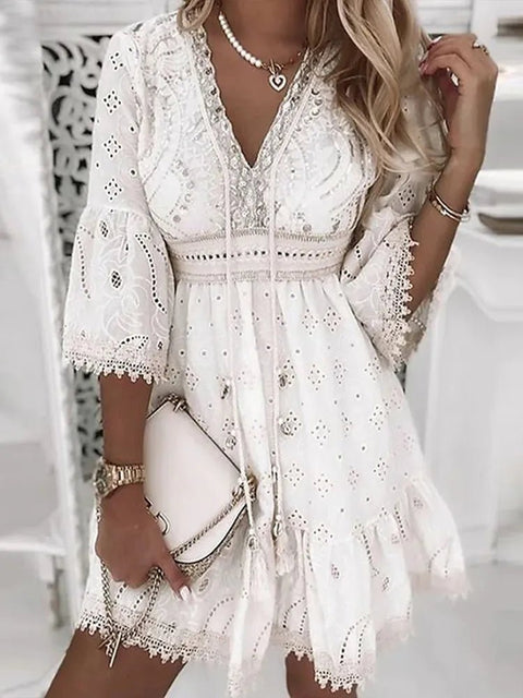 Lace Mini Dress Women White V-Neck Hollow Out 3/4 Sleeve Beach Casual Summer Fashion Dress