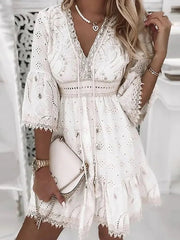 Lace Mini Dress Women White V-Neck Hollow Out 3/4 Sleeve Beach Casual Summer Fashion Dress