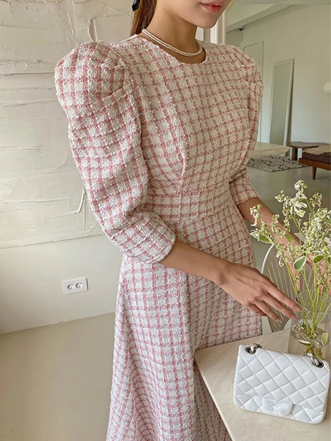 Midi Dress Women Chic French Tweed Pink Plaid Long Boutique Fashion Elegant Spring Summer Dress