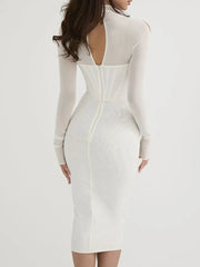 Midi Dress Women Mesh Long Sleeve Elegant Bodycon Gown Club Wedding Party Prom Boutique Fashion