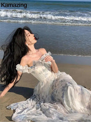 Maxi Dress Women Bohemian Print French Elegant Ruffle Strap A-Line Beach Holiday Party Long Dress