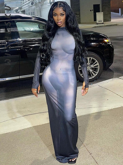 Long Sleeve Tie Dye Maxi Dress Women Bodycon X-Ray Print Casual Party Fashion Dress