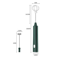 Measurement chart of a green handheld milk frother with whisk attachment on a white background