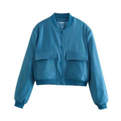Bomber Jacket Women Pockets Short Casual Vintage Spring Fall Chic Outerwear Fashion Coat