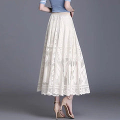 Midi Skirt Women Chic Lace A-Line Long Big Swing Hollow Out Pleated Gauze Elegant Party Skirt