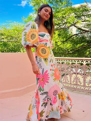 Maxi Dress Women Elegant Flower Print Square Neck Lantern Sleeve A-Line Vacation Spring Summer Dress