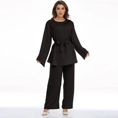 Plus Size Pant Set Women 2-Piece Lace-Up Solid Pattern Loose Fit Casual Fashion Outfit