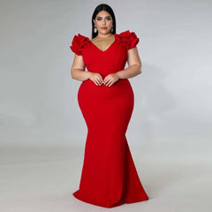 Plus Size Mermaid Maxi Dress Women Elegant Ruffle Red Black Backless Wedding Party Formal Prom