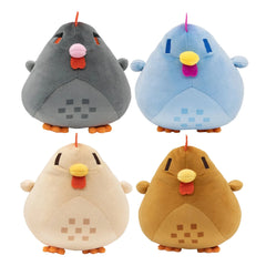 Four colorful plush toys resembling chickens on a white background
