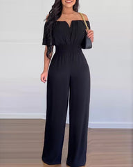 Off Shoulder Wide Leg Jumpsuit Women Short Sleeve Shirred Waist Casual Spring Summer Beach Vacation